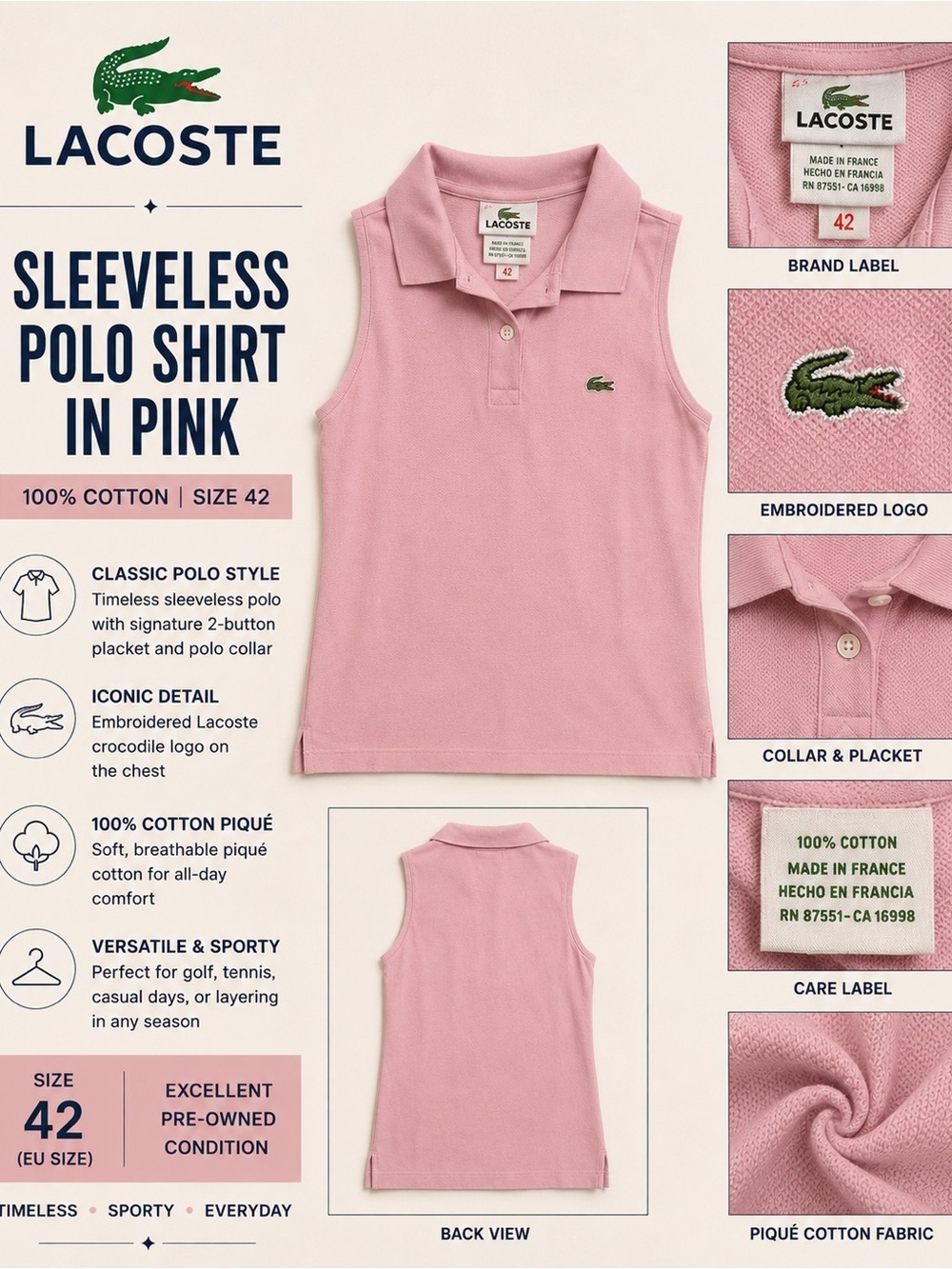 Lacoste Pink Women's Sleeveless Polo Top